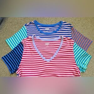 SET of TWO Lands’ End T-Shirts Multicolor Stripes Soft 100% Cotton Size Med EUC